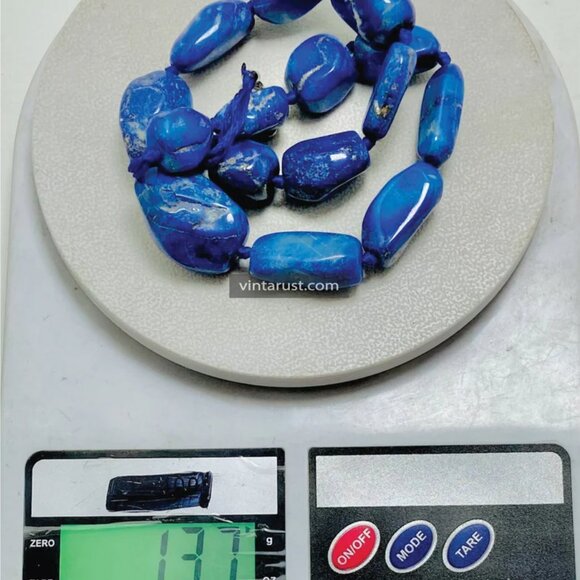 Handmade Lapis Lazuli Gemstone Necklace, Vintage Beaded Stone Necklace, - Picture 8 of 10